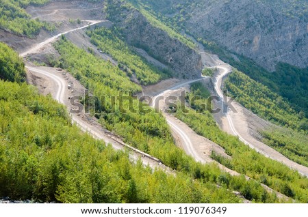 a winding dirt road go down into the Valley of the Kelmend between the albanian mountains