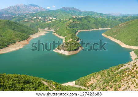 a peninsula of Fierza Lake around Kukes in northeast Albania