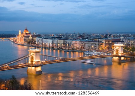 Budapest, night view of Chain Bridge on the Danube river and the city of Pest