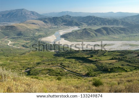 the valley Vjosa River from the ancient ruins of Byllis, Albania