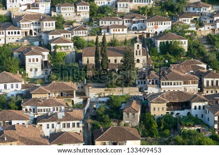 Berat and St. Spyridon belltower in Gorica, Albania