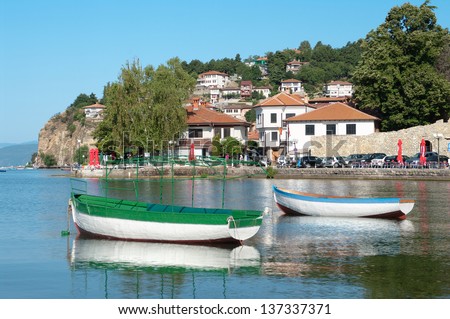 two row boats in the bay of Ohrid Town on Ohrid Lake, Republic of Macedonia