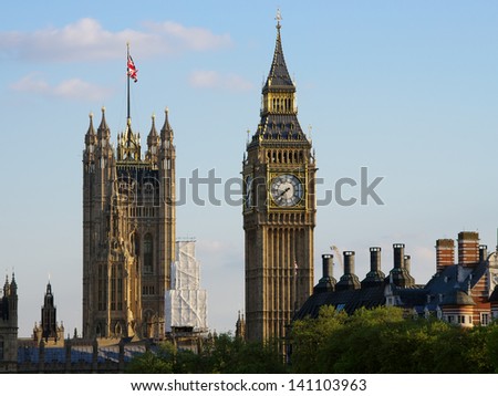 big ben and victoria tower of house of parliament on the Middlesex bank of the River Thames in the City of Westminster, in central London