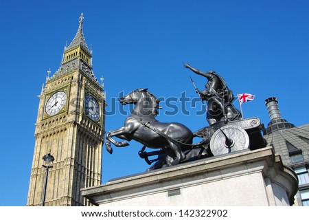 Big Ben and prancing horse of Boudica sculpture group in City of Westminster, London