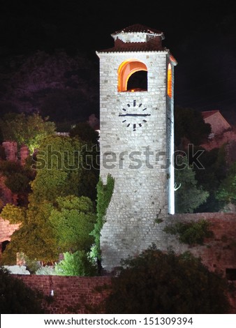 night view of Clock Tower in the old fortress of Bar, Montenegro