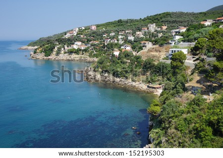 view of rocky coast and coves to the north of Ulcinj "Stari Grad", Montenegro