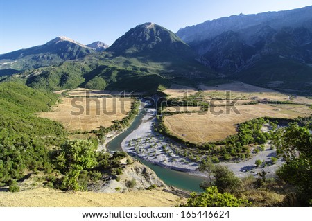 Vjosa river and mountain landscape in Albania