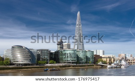 London cityscape of the City Hall, the Shard and the River Thames