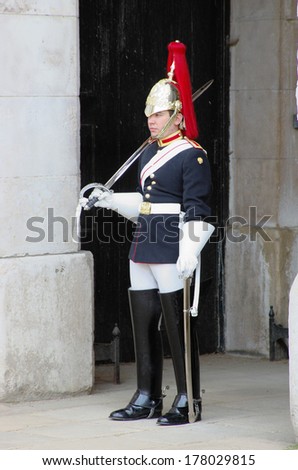 a member of the Royal Horse Guards and 1st Dragoons during the changing of the guards ceremony, May 27, 2013 in London, England