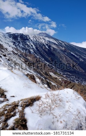 steep walls of Bove Valley and summit of Etna volcano, Sicily