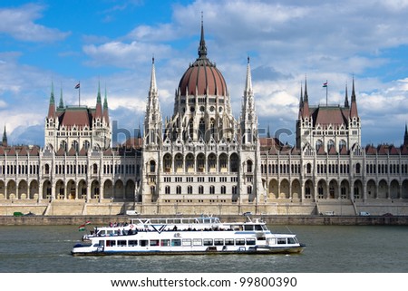 Budapest: a sightseeing boat passes in front of the symmetrical building of the Hungarian Parliament in Pest