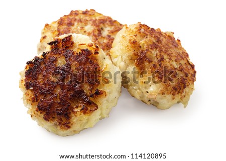 three fish cakes from cod isolated on white