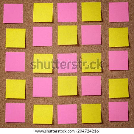 sticky notes on cork board, 5 by 5 square