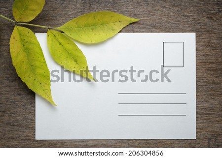 ash leaves with postcard on old wood table, fall background