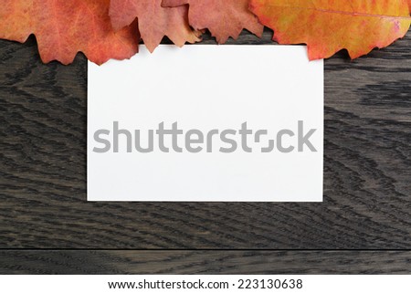 autumn background with red oak leaves on stained oak table, directly from above