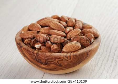roasted almonds in bowl on white wooden table, shallow focus
