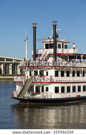 SAVANNAH, GEORGIA/USA - OCTOBER 22, 2014: Savannah riverboat, Georgia Queen on excursion. The River Street Riverboat Company was first established in 1991 under the direction of Jonathan Claughton.