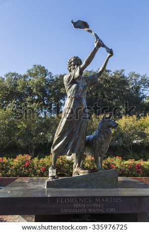 SAVANNAH, GEORGIA/USA - OCTOBER 22, 2014: The Waving Girl statue. She was the unofficial greeter of all ships that entered the Port of Savannah between 1887 and 1931.