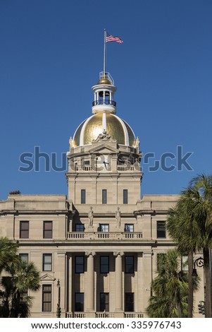 SAVANNAH, GEORGIA/USA - OCTOBER 23, 2014: City Hall with gold dome. Savannah\'s City Hall was built in 1905 on the site of the 1799 City Exchange.