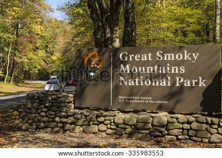 ASHEVILLE, NORTH CAROLINA/USA - OCTOBER 17, 2014: Entrance sign to Great Smoky Mountains National Park on Blue Ridge Parkway road. Construction of the parkway took over 52 years to complete.