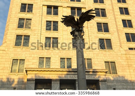 ATLANTA, GEORGIA/USA - OCTOBER 11, 2014: Eagle at Federal reserve bank of Atlanta building. The president, Dennis P. Lockhart took office March 1, 2007, as the 14th president.