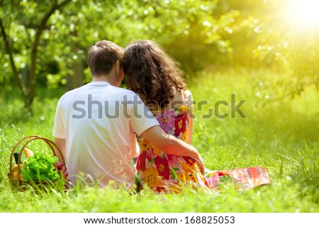 Young couple sitting back to camera on picnic blanket