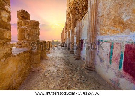 The ruins of the palace of King Herod's Masada at sunset Israel The ruins of the palace of King Herod's Masada at sunset Israel