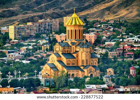View of the Holy Trinity Cathedral Tsminda Sameba in Tbilisi, Georgia.