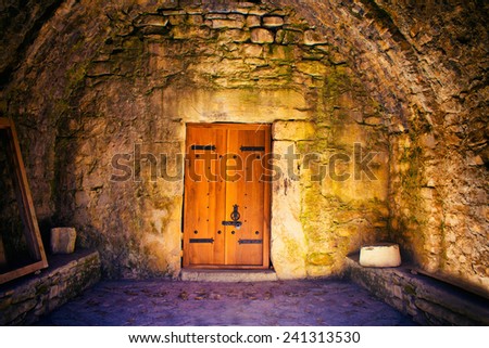 The door in ancient temple in Ananuri in Georgia country, Europe.