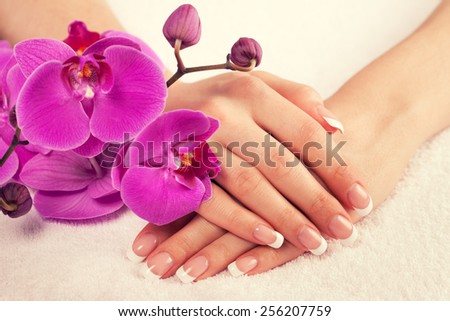 Beautiful woman\'s hands with french manicure
