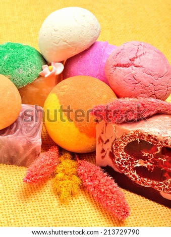 Spa tools, Bath bombs, natural soap,flower, aromatherapy on the yellow background