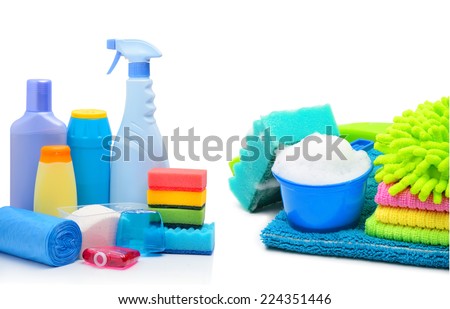 Cleaning supplies, sponges, cleaning powder and  garbage bags isolated on white. Collage