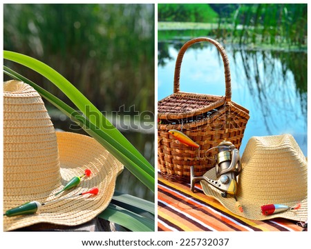 Cowboy hat, wicker basket,  spool andfishing tackle in the nature. Collage