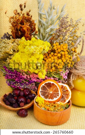Medicinal herbs with honey, calendula, oats, immortelle flower, tansy herb, wild rose, dried lemon.