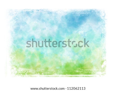 Light blue and green messy hand painted watercolor background with grungy border