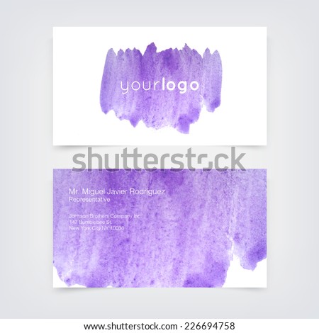 Vector business card design template with hand purple painted watercolor background