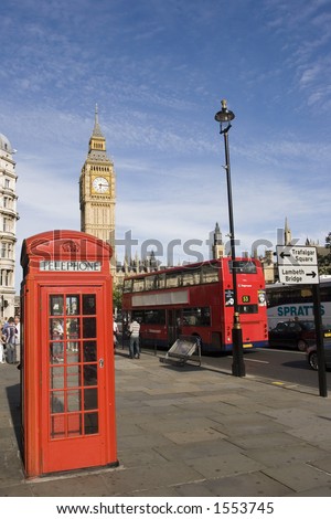 Big Ben, London Bus and English phone booth