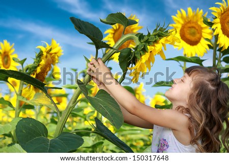 Nice happy little girl holding the sunflower and smiling on a warm sunny summer day