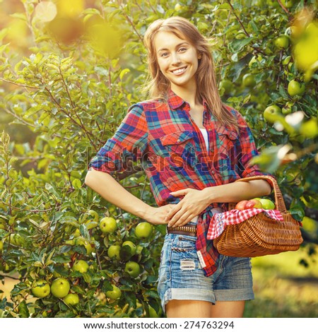 Woman with basket full of ripe apples in a sunny garden. Young smiling attractive woman is standing with full basket of organic apples in a sunlit orchard. Country happy lifestyle concept.
