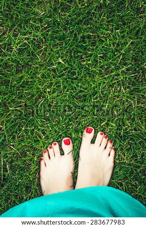 Woman feet on the green grass. Female feet with beautiful red nails and nice pedicure on a fresh green grass. Concept of relaxation and freshness.