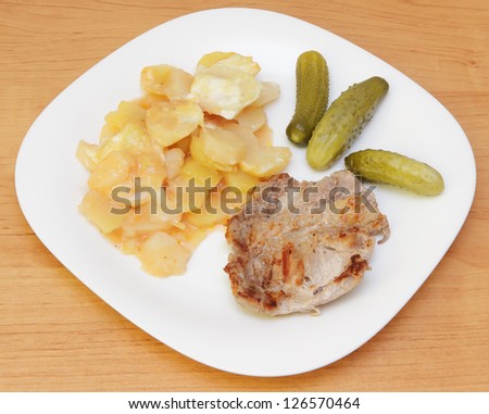 Fried steak, potato and pickles on white plate.