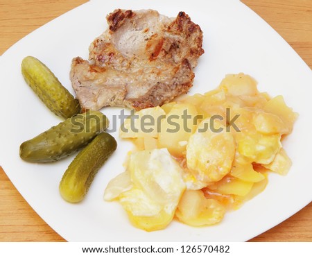 Fried steak, potato and pickles on the plate.