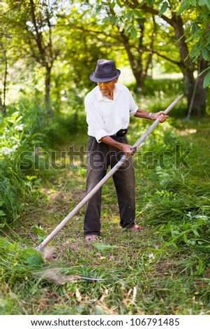 Old farmer mowing the lawn near the forest with a vintage scythe