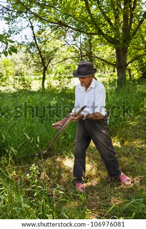 Old farmer mowing the lawn near the forest with a vintage scythe