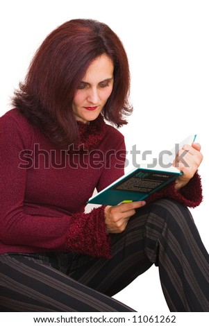 Portrait of a woman reading a book, indoor scene isolated on white