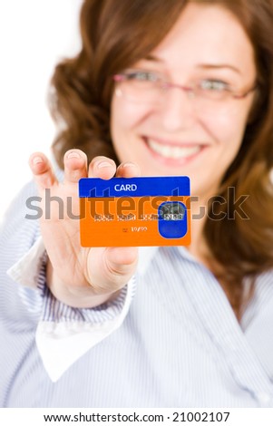 Friendly smiling young business woman showing a card, isolated on white background