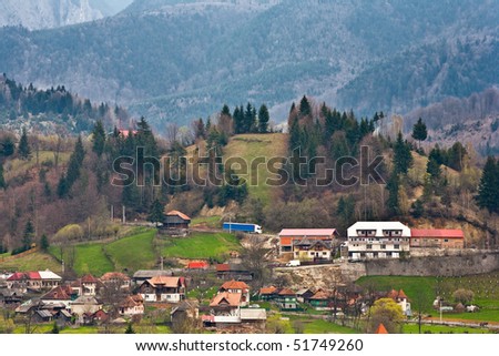 Beautiful landscape with village houses and mountains