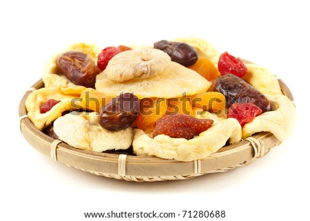 Closeup of dried fruits mix isolated on white background