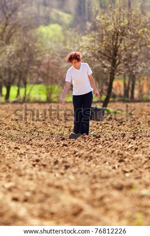 Young woman farmer planting seeds mixed with fertilizer from a bucket