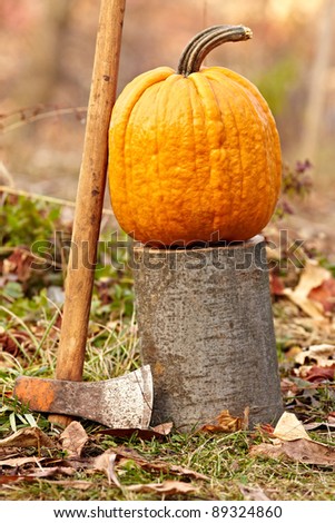 A large pumpkin on a log outdoor in the grass